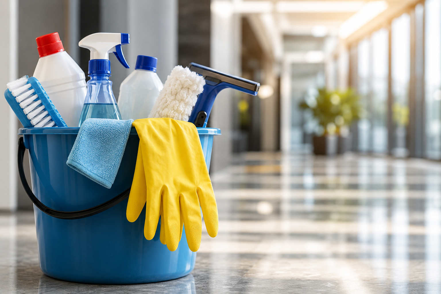 Professionelle Reinigungsmittel, Eimer und Handschuhe